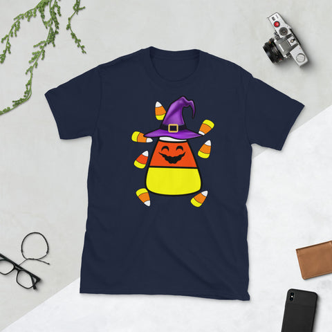 Image of Candy Corn Emoticon Winky Face Witch Funny Halloween Short-Sleeve Unisex T-Shirt