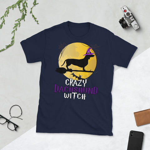 Image of Crazy Dachshund Witch Dog Halloween Costume Short-Sleeve Unisex T-Shirt