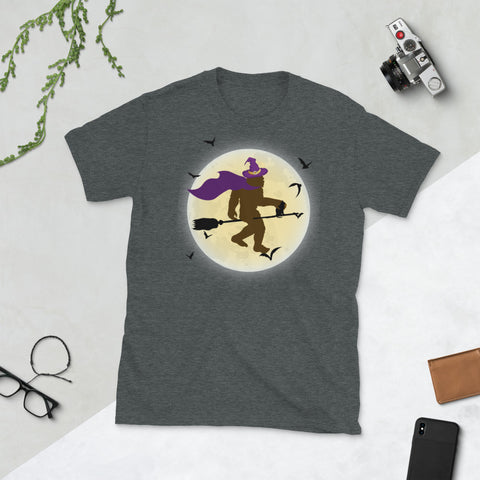 Image of Witch Bigfoot Fly With Cat Halloween Short-Sleeve Unisex T-Shirt