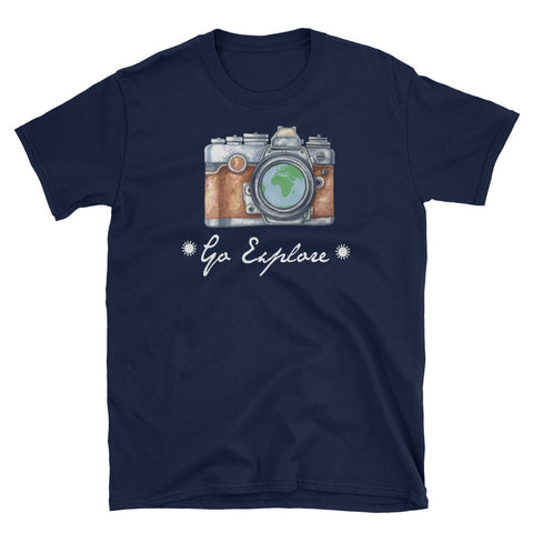 Image of Go Explorer Short-Sleeve Unisex T-Shirt. Funny Graphic Tee, Travelling Tee, Cute Photographer Shirt