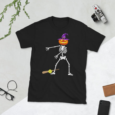 Image of Skeleton Pumpkin Witch Softball Flossing Dance Halloween Costume Short-Sleeve Unisex T-Shirt