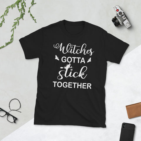 Image of Witches Gotta Stick Together Funny Halloween Bat Short-Sleeve Unisex T-Shirt