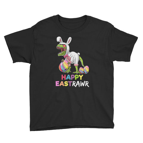 Image of Funny Easter Day Happy EastRawr T Rex Dinosaur Easter Bunny Egg Shirt Kids Youth Short Sleeve T-Shirt