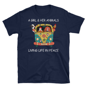 A Girl And Her Animals Living Life In Peace Short-Sleeve Unisex T-Shirt, Hippie Car Shirt, Yoga Shirt, Camping Shirt