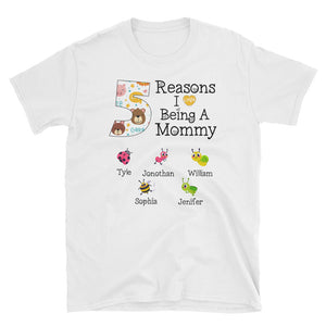Personalized 5 Reason I Love Being A Mommy Custom Kids Name Unisex Softstyle T-Shirt, Cute Mother's Day Gift For Mommy, Grandma and Aunt