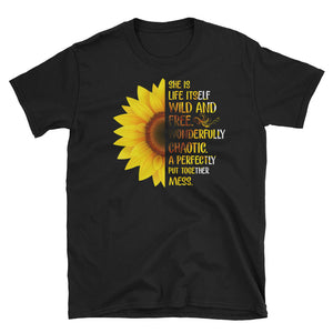 She Is Life Itself Wild And Free  Wonderfully Chaotic A Perfectly Sunflower Short-Sleeve Unisex T-Shirt, Yoga Sunflower T-shirt