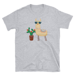 Cute Llama Love Cactus Wear Sunglasses Short-Sleeve Unisex T-Shirt, Llama Funny Shirt, Cactus Lover Shirt
