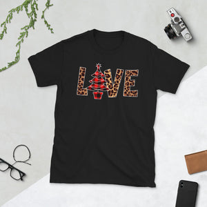 Leopard Buffalo Plaid Christmas Tree Love Merry Christmas Short-Sleeve Unisex T-Shirt