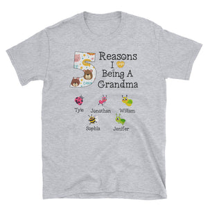 Personalized 5 Reasons I Love Being A Grandma Custom Kids Name Unisex Softstyle T-Shirt, Mother's Day Gift For Grandma, Mommy, Aunt