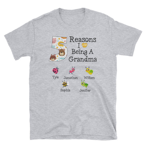 Image of Personalized 5 Reasons I Love Being A Grandma Custom Kids Name Unisex Softstyle T-Shirt, Mother's Day Gift For Grandma, Mommy, Aunt