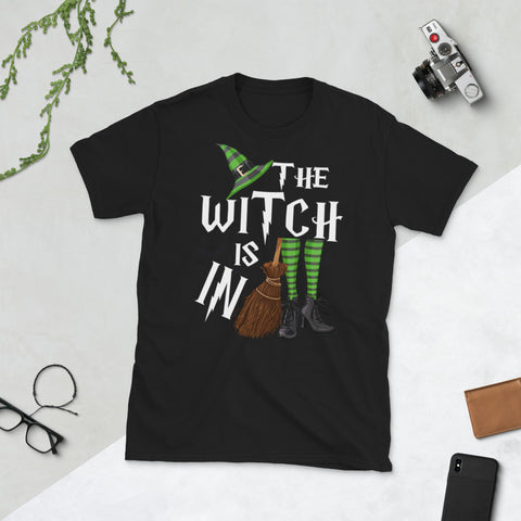 Image of The Witch Is In Here This Halloween Season Broom Bat Witch Leg Short-Sleeve Unisex T-Shirt