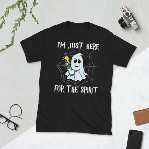 Image of I'm Just Here For The Spirit Ghost Wine Halloween Short-Sleeve Unisex T-Shirt