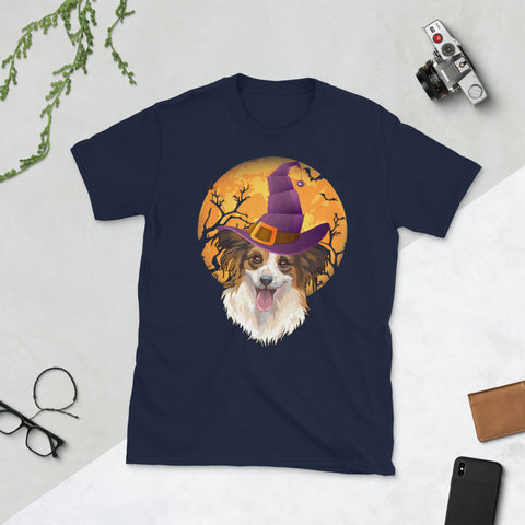 Image of Papillon Witch Moon Halloween Dog Lover Short-Sleeve Unisex T-Shirt