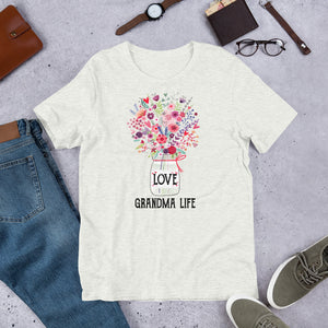 Personalized Love Grandma Life Mason Jar Flowers Premium Short-Sleeve Unisex T-Shirt, Granny Life | Aunt Life | Mom Life | Grammy Life